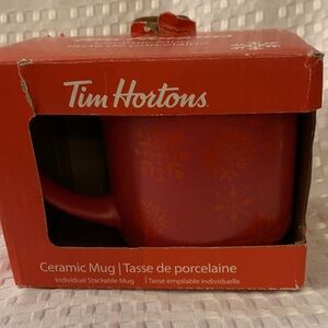 Tim Hortons red holiday mug from 2021. 3.75 inches tall.